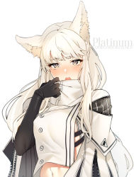 Rule 34 | 1girl, animal ear fluff, animal ears, arknights, asakawa (outeq), black gloves, blush, cloak, gloves, horse ears, horse girl, long hair, looking at viewer, navel, open mouth, platinum (arknights), solo, white background, white cloak, white hair