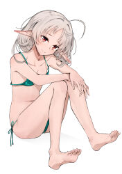 Rule 34 | 1girl, absurdres, ass, bare arms, bare legs, bare shoulders, barefoot, bikini, blush, breasts, closed mouth, collarbone, commentary request, elf, full body, green bikini, grey hair, head tilt, highres, knees up, mushoku tensei, nakatokung, navel, pointy ears, red eyes, side-tie bikini bottom, simple background, sitting, small breasts, smile, soles, solo, swimsuit, sylphiette (mushoku tensei), white background