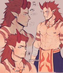 Rule 34 | 1boy, alternate hair length, alternate hairstyle, arm tattoo, bara, blush, boku no hero academia, breath, broken horn, collage, demon boy, demon horns, earrings, endeavor (boku no hero academia), facial hair, hanta96, highres, horns, jewelry, large pectorals, long hair, male focus, mature male, monsterification, multiple views, muscular, muscular male, necklace, oni, oni horns, pectorals, pelvic curtain, pointy ears, red hair, red horns, scar, scar across eye, scar on face, sideburns, spiked hair, stubble, tattoo, tooth necklace, topless male