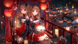 Rule 34 | 2girls, :o, animal, architecture, b rock, bad id, bad pixiv id, blush, bow, braid, brown hair, brown legwear, building, cityscape, curtains, detached sleeves, dress, east asian architecture, flower, hair bow, holding, holding flower, lantern, long hair, looking at viewer, multiple girls, night, open mouth, original, outdoors, red eyes, siblings, side-by-side, sisters, sitting, sleeves past fingers, sleeves past wrists, smile, thighhighs, twins