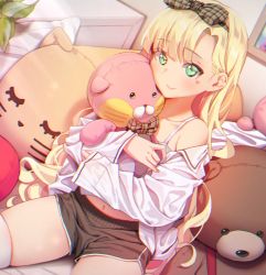 Rule 34 | 1girl, agnamore, bad id, bad pixiv id, bare shoulders, black shorts, blonde hair, blush, bow, bra, brown bow, closed mouth, collarbone, dutch angle, facial mark, green eyes, hair bow, heart, indoors, long hair, long sleeves, navel, hugging object, off shoulder, open clothes, open shirt, original, plaid, plaid bow, shirt, short shorts, shorts, sitting, skindentation, sleeves past wrists, smile, solo, stuffed animal, stuffed toy, teddy bear, thighhighs, underwear, very long hair, white bra, white shirt, white thighhighs