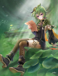 Rule 34 | 1girl, absurdres, artist name, black dress, black footwear, boots, brown thighhighs, capelet, closed mouth, collei (genshin impact), detached sleeves, dress, earrings, genshin impact, green capelet, green hair, hair ornament, high collar, highres, holding, holding paper, jewelry, long sleeves, looking at viewer, medium hair, mohri, paper, puffy long sleeves, puffy sleeves, purple eyes, short dress, smile, solo, thighhighs, thighlet, thighs