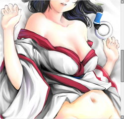 Rule 34 | 1girl, bare shoulders, black hair, bottomless, breasts, cleavage, eruruu, fake scrollbar, head out of frame, lying, navel, open clothes, out-of-frame censoring, solo, st.neet, utawarerumono