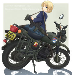 Rule 34 | 10s, 1girl, black footwear, black pantyhose, blonde hair, blue eyes, blue skirt, blue sweater, braid, bullpup, can-am bombardier 250, carrying, closed mouth, commentary request, darjeeling (girls und panzer), dress shirt, emblem, english text, from behind, girls und panzer, gradient background, green background, gun, gun sling, highres, loafers, logo, long sleeves, looking at viewer, looking back, machine gun, md5 mismatch, mikeran (mikelan), military, military vehicle, miniskirt, motor vehicle, motorcycle, pantyhose, pleated skirt, resolution mismatch, school uniform, shadow, shirt, shoes, short hair, sitting, skirt, smile, solo, source larger, st. gloriana&#039;s (emblem), st. gloriana&#039;s school uniform, sweater, twin braids, weapon, weapon request, white shirt