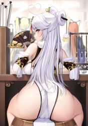 Rule 34 | 1girl, 3girls, absurdres, ahoge, ass, ass focus, back, backboob, bare shoulders, blush, breasts, cameltoe, chinese clothes, cleft of venus, cosplay, dress, from behind, genshin impact, hair ornament, hair stick, hairpin, heart, heart ahoge, highres, holding, huge ass, large breasts, long hair, looking at viewer, looking back, multiple girls, niliu chahui, ningguang (genshin impact), ningguang (genshin impact) (cosplay), no panties, original, parted bangs, pelvic curtain, red eyes, sidelocks, solo, tassel, thighs, tokisaki mio (niliu chahui), very long hair, white hair