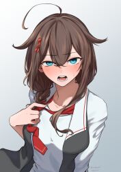 Rule 34 | 1girl, absurdres, ahoge, black vest, blue eyes, braid, brown hair, crossed bangs, dated, hair between eyes, hair flaps, hair ornament, hair over shoulder, hairpin, highres, kantai collection, looking at viewer, loose necktie, necktie, official alternate costume, open mouth, red necktie, shigure (kancolle), shigure kai ni (kancolle), shirt, simple background, solo, twitter username, umibudou, upper body, vest, white shirt