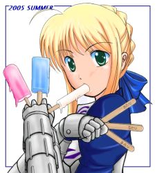 Rule 34 | 00s, 1girl, 2005, ahoge, armor, artoria pendragon (all), artoria pendragon (fate), between fingers, blonde hair, dripping, fate/stay night, fate (series), food, green eyes, holding, looking at viewer, popsicle, popsicle stick, saber (fate), solo