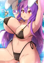 Rule 34 | 2girls, animal ears, arms up, ball, beachball, bikini, black bikini, blue sky, breasts, cleavage, cloud, commentary request, highres, horizon, inaba tewi, large breasts, long hair, looking at viewer, multiple girls, navel, ocean, open mouth, outdoors, peso (cheese company), purple hair, rabbit ears, rabbit girl, red eyes, reisen udongein inaba, sky, solo focus, speech bubble, swimsuit, touhou, variant set, wet