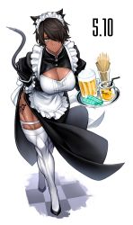 Rule 34 | 1girl, absurdres, apron, black footwear, black hair, blush, breasts, brown eyes, cleavage, cross, cross earrings, dark-skinned female, dark skin, earrings, frills, hair over one eye, highres, jewelry, large breasts, looking at viewer, maid, maid apron, maid headdress, muscular, muscular female, original, parted lips, puffy sleeves, short hair, side slit, solo, standing, tattoo, textless version, thighhighs, waist apron, white thighhighs, yotaro