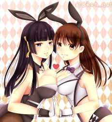 Rule 34 | 2girls, animal ears, argyle, argyle background, argyle clothes, bad id, bad pixiv id, bare arms, bare shoulders, black hair, black legwear, blunt bangs, blush, bow, bowtie, breast press, breasts, brown eyes, brown hair, cleavage, dead or alive, dead or alive 5, detached collar, fake animal ears, female focus, fishnet pantyhose, fishnets, gloves, grin, hair between eyes, hair ornament, hairband, hands together, heart, highres, hime cut, large breasts, lei fang, leotard, lips, long hair, looking at viewer, midriff, mirein (chat), mole, mole under mouth, multiple girls, neck, nyotengu, pantyhose, parted lips, playboy bunny, purple eyes, rabbit ears, rabbit tail, shorts, smile, strapless, suspenders, symmetrical docking, tail, upper body, vest, white gloves, wrist cuffs, yuri