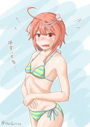 Rule 34 | 1girl, ahoge, akashieru, bikini, cowboy shot, embarrassed, flat chest, flying sweatdrops, hair ornament, highres, i-58 (kancolle), kantai collection, one-hour drawing challenge, pink hair, red eyes, short hair, side-tie bikini bottom, solo, standing, striped bikini, striped clothes, swimsuit, wavy mouth