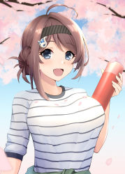 Rule 34 | 1girl, ahoge, black hairband, blue eyes, blush, bottle, breasts, brown hair, cherry blossoms, chougei (kancolle), day, hair bun, hair ornament, hairband, highres, holding, kantai collection, kodama (mmt uf), large breasts, looking at viewer, official alternate costume, open mouth, outdoors, petals, shirt, single hair bun, solo, striped clothes, striped shirt, upper body, water bottle