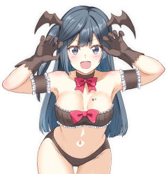 Rule 34 | 1girl, arm garter, arms up, black choker, black gloves, black hair, bow, bowtie, breasts, breasts apart, choker, claw pose, commentary request, commission, cowboy shot, demon wings, gloves, gluteal fold, grey eyes, head wings, highres, love live!, love live! nijigasaki high school idol club, medium breasts, navel, one side up, onpu (ghkc2238), open mouth, pixiv commission, red bow, red bowtie, simple background, solo, star sticker, strapless, tube top, white background, wings, yuki setsuna (love live!)
