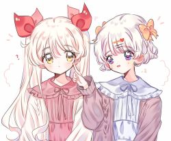 Rule 34 | 2girls, ?, blush, bow, commentary request, copyright request, expressionless, hair bow, hair ornament, hairclip, hand up, index finger raised, long hair, long sleeves, multiple girls, orange bow, purple eyes, short hair, simple background, upper body, white background, white hair, yalmyu, yellow eyes