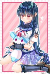 Rule 34 | 1girl, :3, angel beats!, animal, animal hug, black hair, black socks, blue sailor collar, blue skirt, blush, breast hold, breasts, closed mouth, commentary request, commission, company connection, crossed arms, crossover, eyelashes, eyes visible through hair, feet out of frame, fox, hair between eyes, happy, heart, highres, holding, holding animal, inari (summer pockets), kneehighs, long hair, looking down, medium breasts, multiple crossover, neckerchief, pink background, pink neckerchief, pleated skirt, red eyes, sailor collar, shiina (angel beats!), shinda sekai sensen uniform, shirt, short sleeves, simple background, sitting, skeb commission, skirt, socks, solo, straight hair, summer pockets, twitter username, very long hair, wariza, white shirt, zuzuhashi