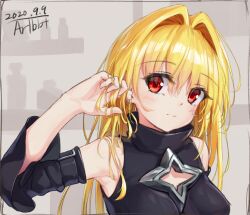 Rule 34 | 1girl, arm up, armpits, bare shoulders, black dress, black sleeves, blonde hair, breasts, brown background, clothing cutout, commentary request, dated, detached sleeves, dress, hair between eyes, hair intakes, hand in own hair, highres, konjiki no yami, long hair, looking at viewer, no hair ornament, portrait, red eyes, sideways glance, signature, simple background, solo, to love-ru, traveler (artbbt)