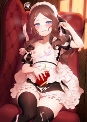 Rule 34 | 1girl, apron, black dress, black thighhighs, blue eyes, blush, breasts, brown hair, condom, condom box, couch, cum, cum on body, dress, facial, fate/grand order, fate (series), forehead, highres, leonardo da vinci (fate), leonardo da vinci (fate/grand order), leonardo da vinci (rider) (fate), leonardo da vinci (rider) (second ascension) (fate), long hair, looking at viewer, lying, m-da s-tarou, maid headdress, nipples, okamoto condoms, on back, open mouth, parted bangs, puffy short sleeves, puffy sleeves, pussy, short sleeves, small breasts, smile, solo, thighhighs, thighs, used condom, white apron, wide hips