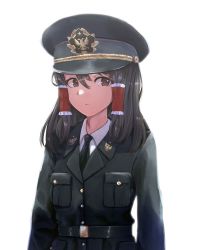 Rule 34 | 1girl, brown eyes, brown hair, closed mouth, frilled hair tubes, frills, frown, hair between eyes, hair tubes, hakurei reimu, hearts of iron, highres, looking to the side, medium hair, military, military uniform, sidelocks, simple background, solo, the new order: last days of europe, touhou, uniform, upper body, user yumx3575, white background