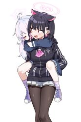 Rule 34 | 2girls, ahoge, animal ears, ascot, black hair, black jacket, black pantyhose, blue archive, blue hair, blunt ends, blush, breasts, carrying, carrying person, cat ears, colored inner hair, extra ears, feet out of frame, halo, highres, hood, hooded jacket, hug, hug from behind, jacket, kazusa (blue archive), light blue hair, looking at another, medium breasts, mm (mm chair), multicolored hair, multiple girls, pantyhose, piggyback, pink ascot, pink hair, pleated skirt, reisa (blue archive), school uniform, simple background, skirt, sleeping, streaked hair, sweatdrop, two-tone hair, v-shaped eyebrows, white background