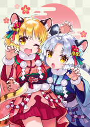 Rule 34 | 2girls, :d, ahoge, animal ear fluff, animal ears, arm scrunchie, bell, blonde hair, blue kimono, chinese zodiac, claw pose, fang, flower, hair bell, hair flower, hair ornament, hisana, japanese clothes, kimono, looking at viewer, medium hair, multiple girls, one eye closed, open mouth, original, red kimono, silver hair, simple background, smile, tail, tiger ears, tiger girl, tiger tail, year of the tiger, yellow eyes