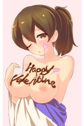 Rule 34 | 10s, 1girl, blush, breasts, brown eyes, brown hair, chocolate, chocolate on body, chocolate on breasts, female focus, food on body, happy valentine, heart, highres, japanese clothes, kaga (kancolle), kantai collection, large breasts, looking at viewer, nipples, one eye closed, personification, ponytail, short hair, side ponytail, simple background, solo, tori kaku, valentine, wink