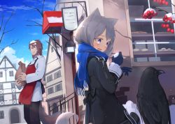 Rule 34 | 1boy, 1girl, animal, animal ears, apron, bag, beard, berry, bird, black jacket, blue scarf, blue sky, bread, brown hair, building, cloud, crow, day, enpera, facial hair, fang, food, gloves, grin, highres, jacket, lamp, looking at another, mikisai, open mouth, original, outdoors, pants, paper bag, purple eyes, scarf, shirt, shop, sign, silver hair, sky, smile, snow, snow on head, tail, tears, branch, winter