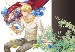 Rule 34 | 2boys, bad id, bad pixiv id, blonde hair, blue flower, blue rose, bracelet, brown hair, facial hair, fate/zero, fate (series), flower, gilgamesh (fate), goatee, jewelry, male focus, multiple boys, necklace, official alternate costume, petals, red eyes, rose, seigorou1225, tohsaka tokiomi, yellow flower, yellow rose