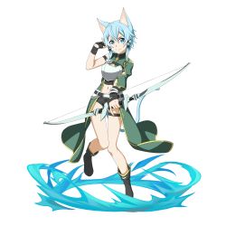 Rule 34 | 1girl, animal ears, armor, asymmetrical sleeves, black footwear, black ribbon, black shorts, blue eyes, blue hair, bow (weapon), breastplate, cat ears, closed mouth, detached sleeves, full body, green sleeves, hair between eyes, hair ribbon, highres, holding, holding bow (weapon), holding weapon, long sleeves, looking at viewer, midriff, navel, official art, ribbon, short hair with long locks, short shorts, shorts, sidelocks, single sleeve, sinon (sao-alo), smile, solo, standing, standing on one leg, stomach, sword art online, sword art online: code register, thigh gap, thigh strap, transparent background, uneven sleeves, weapon