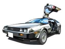 Rule 34 | car, delorean, glowing, goldframe, gullwing doors, highres, motor vehicle, no humans, open door, original, shadow, simple background, vehicle focus, white background