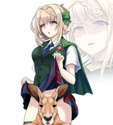 Rule 34 | 1girl, animal, blonde hair, blue neckwear, braid, braided bangs, braided bun, breasts, buttons, clothes lift, collared shirt, commentary request, gesugao, green vest, hair bun, iya na kao sare nagara opantsu misete moraitai, kangaroo, kantai collection, large breasts, lifting own clothes, multiple views, necktie, open mouth, perth (kancolle), purple eyes, shaded face, shirt, short hair, simple background, skirt, skirt lift, tk8d32, vest, white background, white shirt