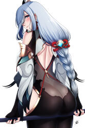 Rule 34 | 1girl, ass, ass support, back, back cutout, black bodysuit, blue eyes, blush, bodysuit, braid, bridal gauntlets, butt crack, chinese knot, closed mouth, clothing cutout, detached sleeves, earrings, from behind, genshin impact, grey hair, hair ornament, hair over one eye, highres, hip vent, jewelry, leaning on object, long hair, looking at viewer, looking back, low-braided long hair, low-tied long hair, see-through, see-through bodysuit, shenhe (genshin impact), signature, simple background, smile, solo, tassel, tassel earrings, vision (genshin impact), white background, xter