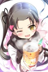 Rule 34 | 1girl, ayanami (kancolle), ayanami kai ni (kancolle), black hair, brown eyes, brown scarf, cup, highres, kantai collection, long hair, looking at viewer, lzd, mug, one-hour drawing challenge, one eye closed, open mouth, scarf, side ponytail, smile, solo, steam, sweater, twitter username, upper body, very long hair, white sweater, yunomi