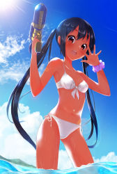 Rule 34 | 1girl, bikini, black hair, blue sky, breasts, brown eyes, cloud, commentary request, contrapposto, cowboy shot, day, highres, k-on!, long hair, looking at viewer, masamuuu, nakano azusa, outdoors, pink scrunchie, scrunchie, side-tie bikini bottom, sky, small breasts, solo, standing, sun, swimsuit, twintails, water gun, white bikini, wrist scrunchie