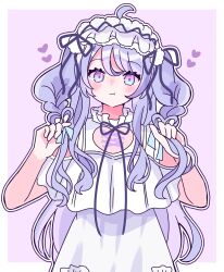 Rule 34 | 1girl, absurdres, amani wako, amiya aranha, blue bow, blush, border, bow, braid, clothing cutout, commentary, commission, dress, english commentary, frilled dress, frills, hair bow, hair ribbon, hairband, heart, highres, holding, holding own hair, indie virtual youtuber, lolita hairband, long hair, outside border, pout, purple background, purple hair, purple ribbon, ribbon, second-party source, shoulder cutout, skeb commission, solo, very long hair, virtual youtuber, white border, white dress