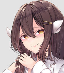 Rule 34 | 1girl, alternate costume, azur lane, brown hair, close-up, collared shirt, commentary request, curled horns, empty eyes, eyelashes, hair between eyes, hair ornament, hairclip, horns, looking at viewer, mikasa (azur lane), pink lips, schreibe shura, shaded face, shirt, simple background, solo, yellow eyes