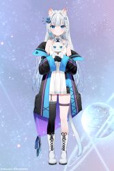 Rule 34 | 1girl, animal, animal ears, asymmetrical legwear, bare shoulders, black gloves, black jacket, black thighhighs, blue eyes, blue hair, blush, boots, braid, cat, cat ears, cat girl, cat tail, closed mouth, collared shirt, commentary request, cross-laced footwear, full body, gloves, grey hair, highres, holding, holding animal, jacket, lace-up boots, long hair, long sleeves, mafuyu (chibi21), mismatched legwear, multicolored hair, off shoulder, open clothes, open jacket, original, pleated skirt, shirt, skirt, sleeveless, sleeveless shirt, sleeves past wrists, smile, solo, standing, streaked hair, tail, thighhighs, thighhighs under boots, very long hair, white cat, white footwear, white shirt, white skirt, white thighhighs