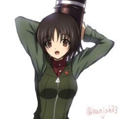 Rule 34 | 1girl, alina (girls und panzer), arms up, black vest, brown eyes, brown hair, commentary, girls und panzer, green jacket, holding, holding behind back, insignia, jacket, long sleeves, looking at viewer, military, military uniform, nanjou satoshi, holding behind back, one-hour drawing challenge, open mouth, pravda military uniform, red shirt, shirt, short hair, simple background, smile, solo, tank shell, turtleneck, twitter username, uniform, vest, white background, zipper pull tab