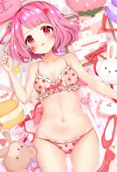 Rule 34 | 1girl, bad id, bad pixiv id, bare shoulders, blush, bow, breasts, candy, collarbone, commentary request, food, food print, frills, groin, hair between eyes, hair bobbles, hair ornament, heart, heart-shaped pupils, high heels, highres, katsushika pachi, looking at viewer, lying, medium breasts, nail polish, navel, on back, original, pink eyes, pink hair, side ponytail, smile, solo, stomach, strawberry print, stuffed toy, symbol-shaped pupils, underwear, underwear only