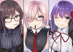 Rule 34 | 3girls, absurdres, bare shoulders, bb (fate), bb (fate/extra), black coat, black dress, blush, breasts, brown eyes, brown hair, coat, dress, fate/extra, fate/extra ccc, fate/grand order, fate (series), food, glasses, gloves, grey dress, hair over one eye, hair ribbon, highres, jacket, large breasts, layered dress, leotard, light purple hair, long hair, long sleeves, looking at viewer, mash kyrielight, mouth hold, multiple girls, neck ribbon, necktie, open clothes, open coat, pocky, pocky day, popped collar, purple eyes, purple hair, red ribbon, ribbed dress, ribbon, short hair, smile, very long hair, white gloves, white leotard, yu mei-ren (fate), yufou