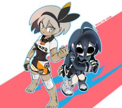 Rule 34 | 1boy, 1girl, ahoge, allister (pokemon), barefoot, bea (pokemon), blue outline, bodysuit, bodysuit under clothes, boots, clenched hand, creatures (company), crop top, dark-skinned female, dark skin, dated, game freak, gloves, grey eyes, grey hair, gym leader, hairband, kuboba (guroppa), layered clothes, mask, nintendo, outline, poke ball, poke ball (basic), pokemon, pokemon swsh, shadow, short hair