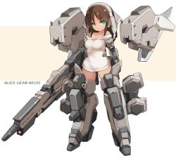 Rule 34 | 1girl, alice gear aegis, bare shoulders, black panties, brown background, brown hair, closed mouth, collarbone, commentary request, copyright name, gluteal fold, green eyes, highres, kaneshiya sitara, karukan (monjya), long hair, looking at viewer, mecha musume, off-shoulder shirt, off shoulder, panties, parted bangs, shirt, smile, solo, standing, two-tone background, underwear, white background, white shirt