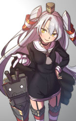 Rule 34 | 10s, 1girl, amatsukaze (kancolle), choker, collarbone, cowboy shot, dress, garter straps, gloves, grey hair, hair tubes, hand on own hip, headgear, highres, kantai collection, long hair, open mouth, pointing, red thighhighs, rensouhou-kun, sailor dress, shiba nanasei, single glove, solo, striped clothes, striped thighhighs, thighhighs, torpedo, two side up, very long hair, white gloves, yellow eyes