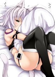 Rule 34 | 1girl, animal ears, armband, ass, bare shoulders, black legwear, black panties, blush, boots, cat ears, cat tail, commentary request, facial scar, fate/apocrypha, fate (series), green eyes, hip focus, hugging object, jack the ripper (fate/apocrypha), knees up, looking at viewer, on bed, oohira sansetto, oohira sunset, panties, pillow, pillow hug, scar, scar on cheek, scar on face, short hair, shoulder tattoo, silver hair, skindentation, solo, tail, tattoo, thigh boots, thighs, underwear