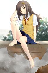 Rule 34 | 1girl, arm support, ashzone harumichi, bare legs, barefoot, blue skirt, breasts, brick wall, brown eyes, brown hair, dress shirt, feet, full body, hair ornament, hairclip, hand on own head, head tilt, highres, light smile, long hair, looking at viewer, neck ribbon, outdoors, plant, pleated skirt, red ribbon, ribbon, school uniform, shirt, short sleeves, signature, sitting, skirt, solo, sweater vest, wall, wing collar