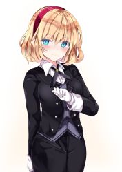 Rule 34 | 1girl, alice margatroid, alternate costume, aqua eyes, bad id, bad twitter id, black jacket, black neckwear, black pants, blonde hair, blush, butler, closed mouth, collared shirt, colored eyelashes, commentary request, cowboy shot, female butler, gloves, gradient background, hair between eyes, hairband, hand on own chest, highres, jacket, looking at viewer, nanase nao, pants, red hairband, shirt, short hair, simple background, smile, solo, standing, suit jacket, touhou, white background, white gloves, white shirt