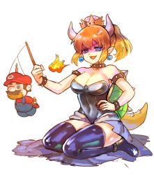 Rule 34 | 1boy, 1girl, bare shoulders, black leotard, black thighhighs, blonde hair, blue eyes, borrowed design, bound, bowsette, bracelet, breasts, breath weapon, breathing fire, candle, cleavage, collar, covered navel, crown, earrings, facial hair, fangs, fingernails, fire, gagged, highres, horns, jewelry, large breasts, leotard, looking at viewer, mario, mario (series), multicolored hair, mustache, nintendo, orange hair, overalls, pointy ears, ponytail, seiza, sharp fingernails, sharp nail, sharp teeth, shell, sitting, spiked bracelet, spiked collar, spikes, super crown, teeth, thighhighs, tied up (nonsexual), two-tone hair, white background