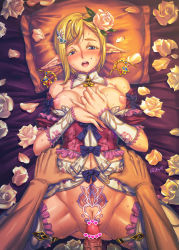 Rule 34 | 1boy, 1girl, bad id, bad pixiv id, blonde hair, blue eyes, breasts, censored, detached collar, earrings, elf, erection, flower, genshi, hair flower, hair ornament, heart, heart-shaped pupils, heart censor, hetero, imminent penetration, imminent vaginal, jewelry, large breasts, looking at viewer, lying, navel, nipples, on back, original, parted lips, penis, pillow, pointy ears, pov, pussy, rose, short hair, sweat, symbol-shaped pupils, tattoo, teeth, thighhighs, tongue