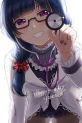 Rule 34 | 1girl, alternate hairstyle, around the world (love live!), artist name, artist request, blue hair, blush, bow, breasts, brown pantyhose, cardigan, coat, doctor, dress, female focus, glasses, hair ornament, hair over shoulder, hair scrunchie, highres, holding, lab coat, lace, lace-trimmed shirt, lace trim, long hair, long sleeves, looking at viewer, love live!, love live! school idol festival, love live! school idol festival all stars, love live! sunshine!!, low-tied long hair, medium breasts, nail polish, pantyhose, parted lips, pink eyes, purple dress, purple eyes, purple nail polish, purple nails, purple skirt, red scrunchie, rio rinosuke, scrunchie, shirt, skirt, smile, solo, sparkle, tsushima yoshiko, white background, white bow, white cardigan
