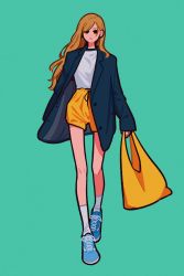 Rule 34 | 1girl, absurdres, aqua background, bag, black jacket, blue footwear, brown eyes, brown hair, expressionless, flat color, full body, highres, holding, holding bag, jacket, long hair, long sleeves, looking at viewer, miyoshi yoshimi, original, shirt, shoes, shorts, simple background, socks, solo, standing, white shirt, white socks, yellow bag, yellow shorts