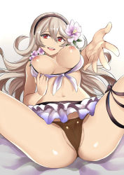Rule 34 | 1girl, :d, ass, bikini, breasts, breasts out, cameltoe, cleavage, cleft of venus, corrin (female) (fire emblem), corrin (female) (summer) (fire emblem), corrin (fire emblem), fire emblem, fire emblem fates, fire emblem heroes, flower, grey hair, hair flower, hair ornament, hairband, kaorihero, large breasts, long hair, looking at viewer, lying, navel, nintendo, nipples, official alternate costume, on back, open mouth, pointy ears, red eyes, smile, solo, spread legs, swimsuit, teeth